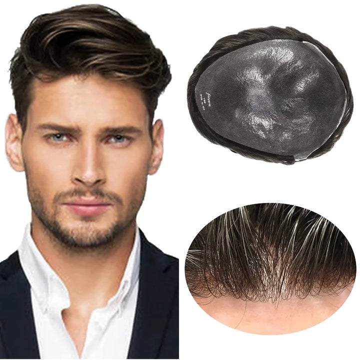 0.02mm Thin Skin V-Loop Men’s Toupee – Natural Human Hair Knotless Replacement System