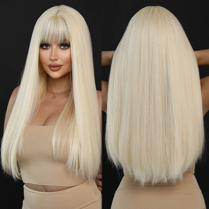 Long Straight Ombre Blonde Synthetic Hair With Bangs for Women Heat Resistant Fiber Wig Hot Selling 28 Inch.