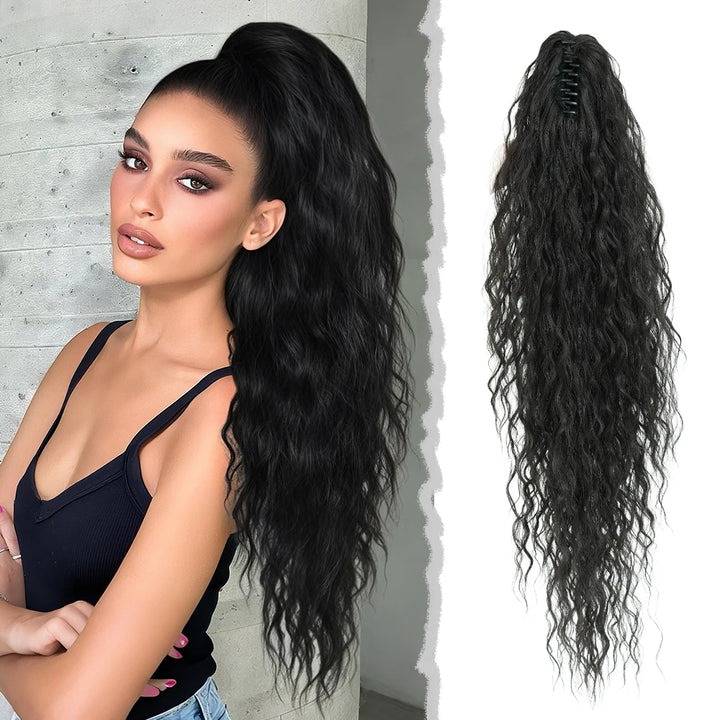 34 Inch Women's Black Synthetic Deep Wave & Water Wave Adjustable Size Ponytail Wig with Clip in