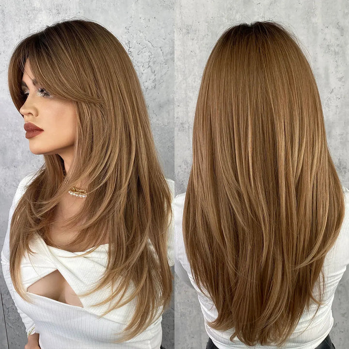 Long black wig with bangs for women. Made of heat-resistant synthetic hair. Perfect for daily wear.