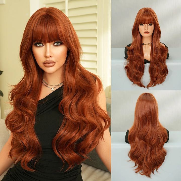 30 Inch Copper Orange Long Curly Synthetic Wig with Bangs for Women - Heat Resistant, Natural Hairline, Matte Finish - Perfect for Cosplay