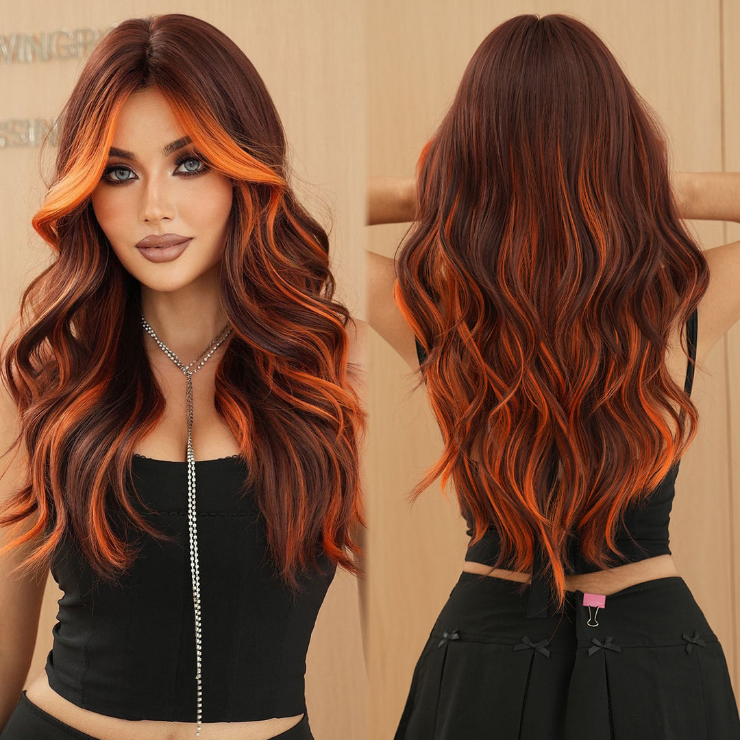 Ginger Orange Wig with Highlights - Synthetic Hair Wig with Brown Skunk Stripe, Long Wavy Style, Heat Resistant Fiber.