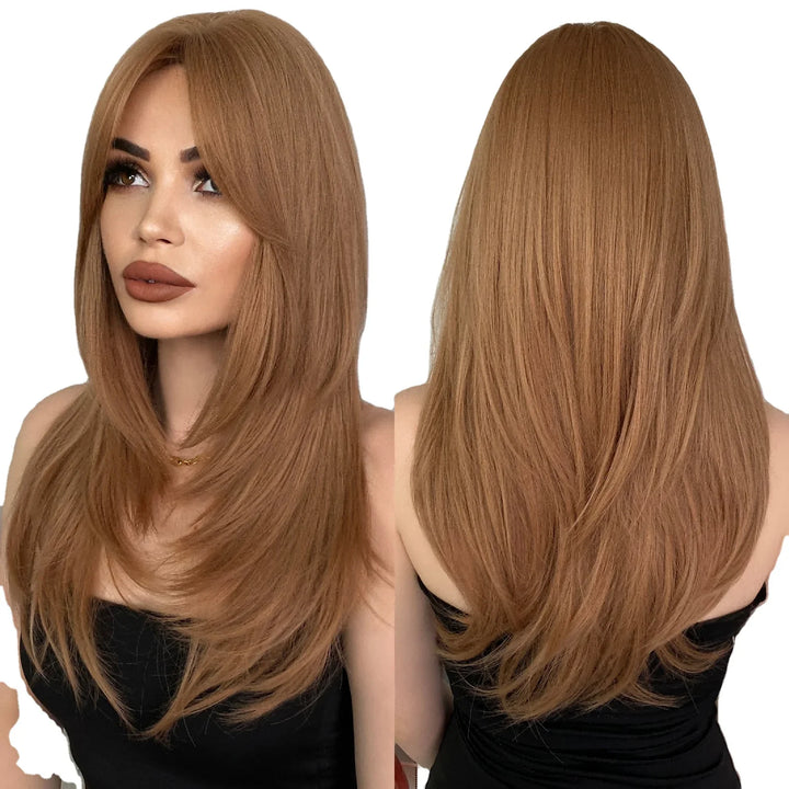 Green Highlight Layered Wig with Curtain Bangs, Synthetic Heat Resistant Hair Wig for Women.