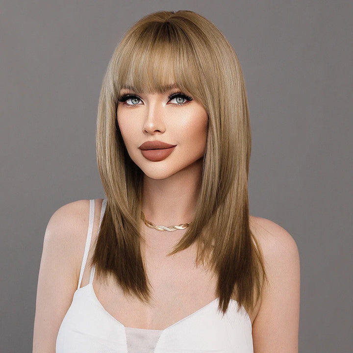 Ombre Blonde Wigs for Women Medium Length Straight Layered Synthetic Wigs With Bangs