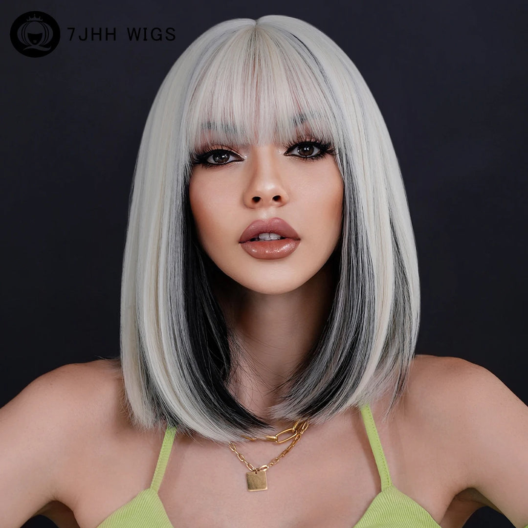 Black Bob Wigs with Bangs, Synthetic Straight Bob Wigs for Women, Heat Resistant 12 in Hair