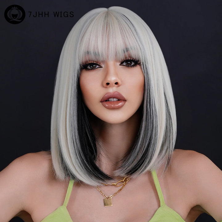 Black Bob Wigs with Bangs, Synthetic Straight Bob Wigs for Women, Heat Resistant 12 in Hair