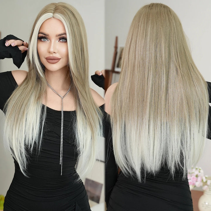 Synthetic hair wig with long straight hair, bangs, middle part, and highlight gray color. Perfect for women, cosplay, and drag queens.