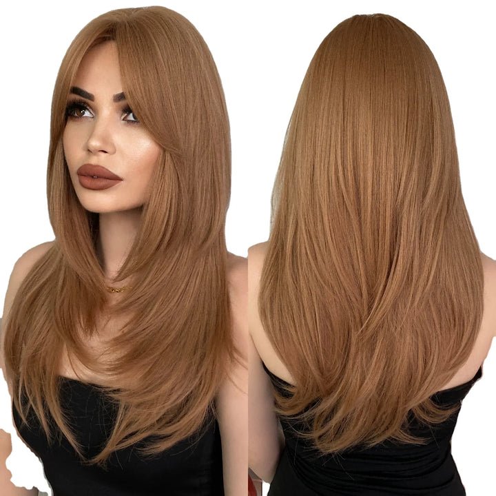Green Highlight Layered Wig with Curtain Bangs, Synthetic Heat Resistant Hair Wig for Women.