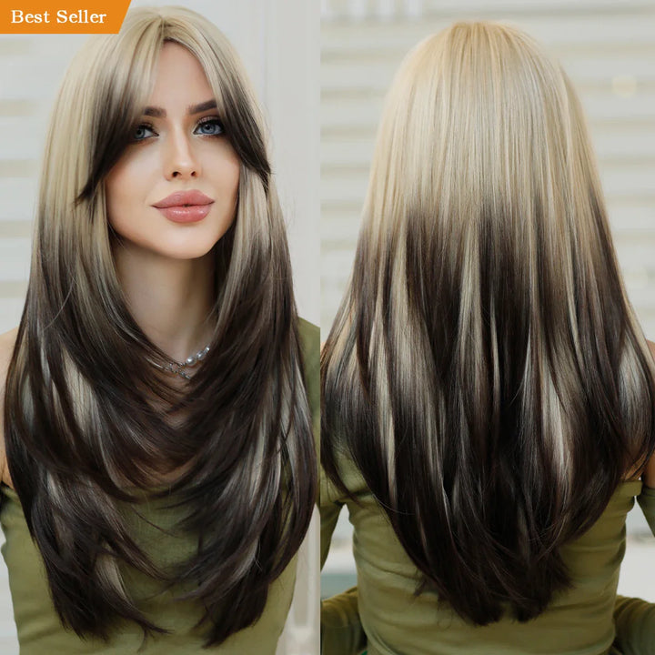 Green Highlight Layered Wig with Curtain Bangs, Synthetic Heat Resistant Hair Wig for Women.