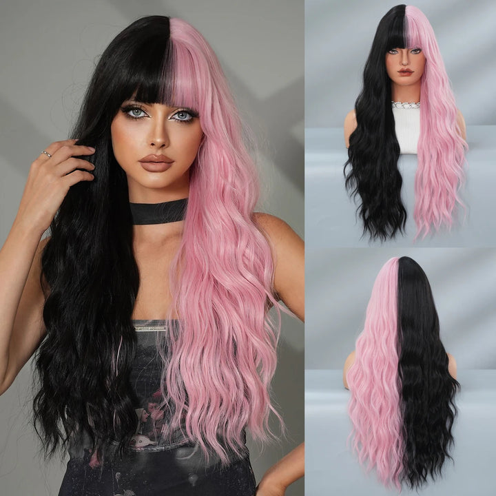 Black Pink Synthetic Hair Skunk Stripe Long Wavy Wigs Heat Resistant Fiber Wholesale Natural Matt Wigs 30 Inch
