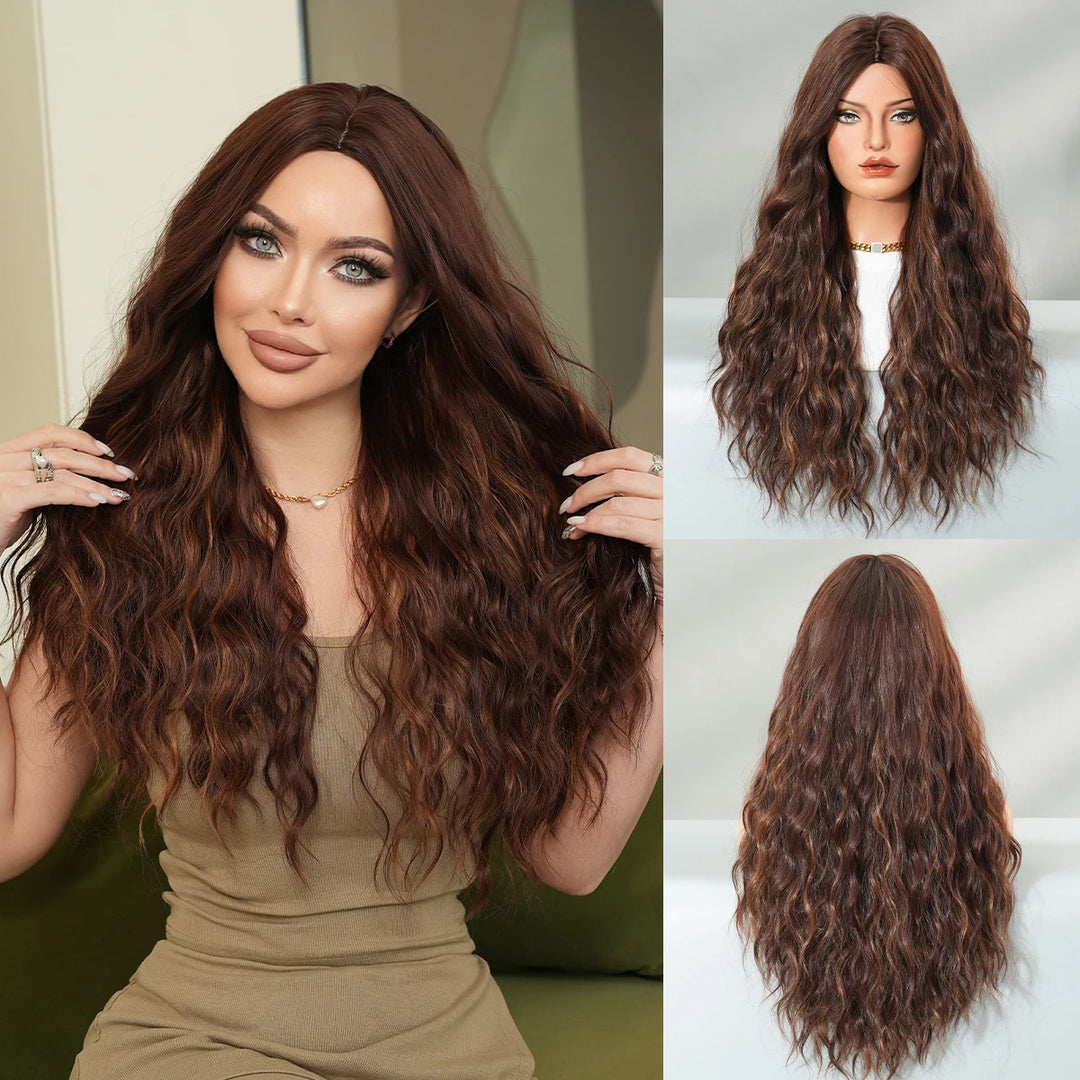 28-inch long curly brown ombre synthetic hair wig with a middle parting, water wave style. Made from heat-resistant fiber for a natural matte finish. Peluca#