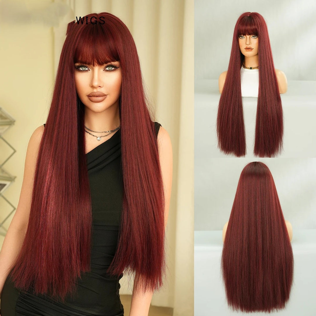 28 Inch Natural Black Wig with Bangs Extra Long Straight Wig for Women. This wig is natural-looking and comes in black-brown synthetic material.