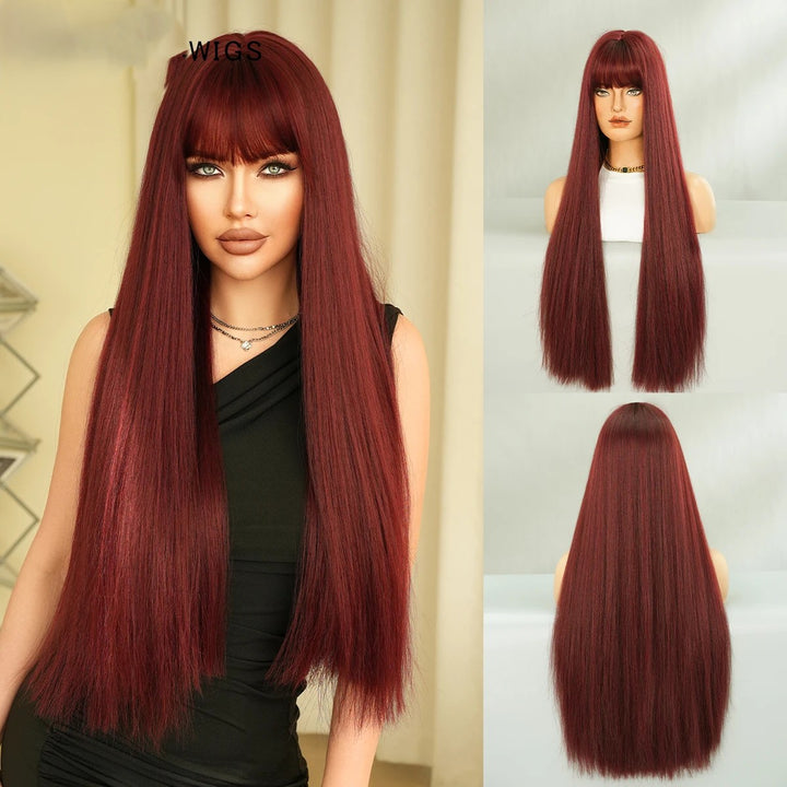 28 Inch Natural Black Wig with Bangs Extra Long Straight Wig for Women. This wig is natural-looking and comes in black-brown synthetic material.