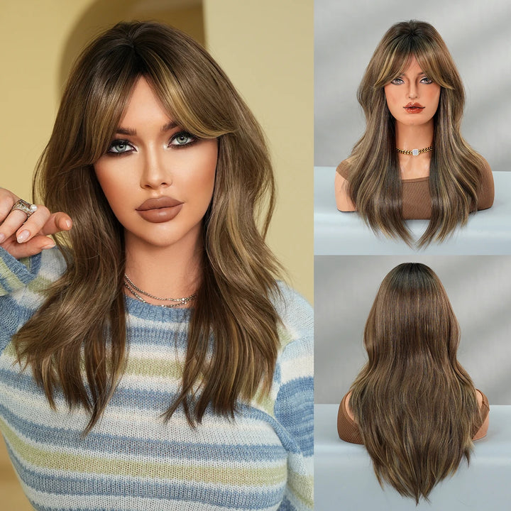 16-Inch Highlight Brown Wig with Middle Bangs, High-Temperature Resistant Synthetic Matte Hair, Natural Fashion #