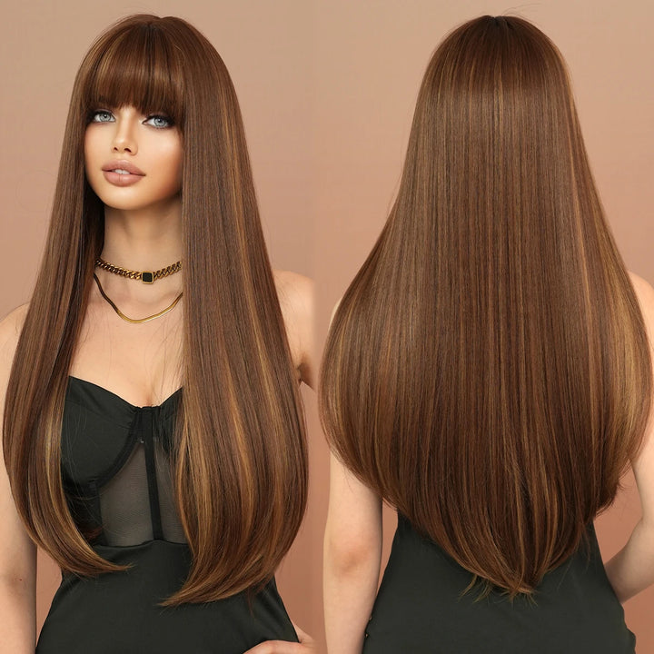 Long Straight Honey Blonde High-Quality Synthetic Hair with Bangs for Women. Heat-Resistant Fiber, Hot Selling 28 Inch.