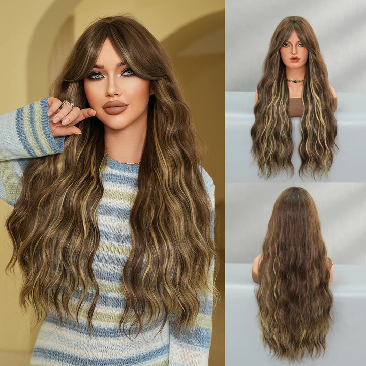 32 Inches Extra Long Honey Blond Middle Parting Wig with Bangs. This synthetic water wave wig is glueless with a natural hairline and matte hair finish.