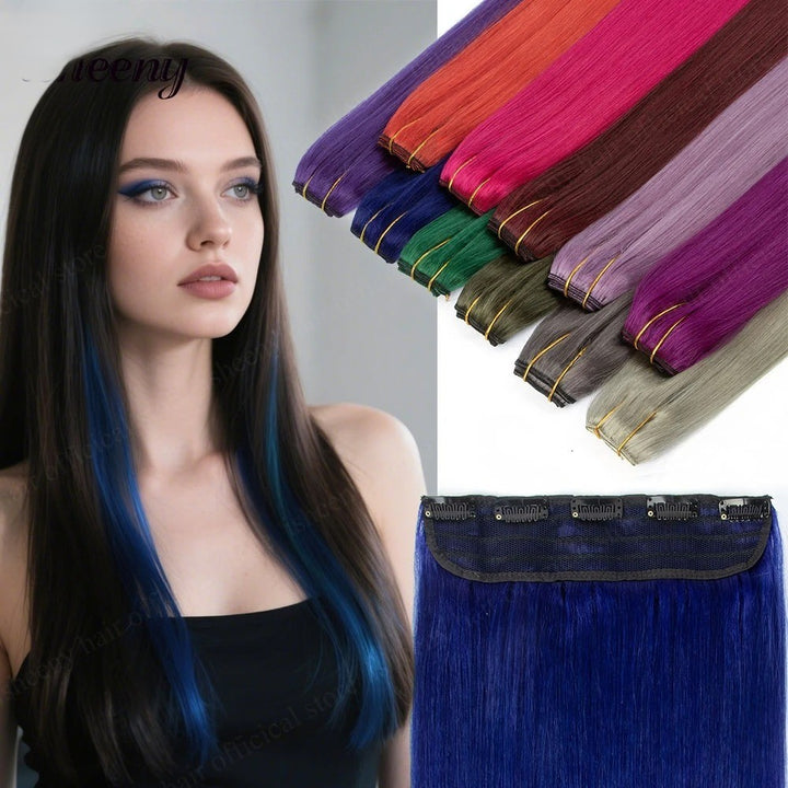 16" One-Piece Clip-In Human Hair Extension – 5-Clip Double Weft, Straight, Fancy Color Options