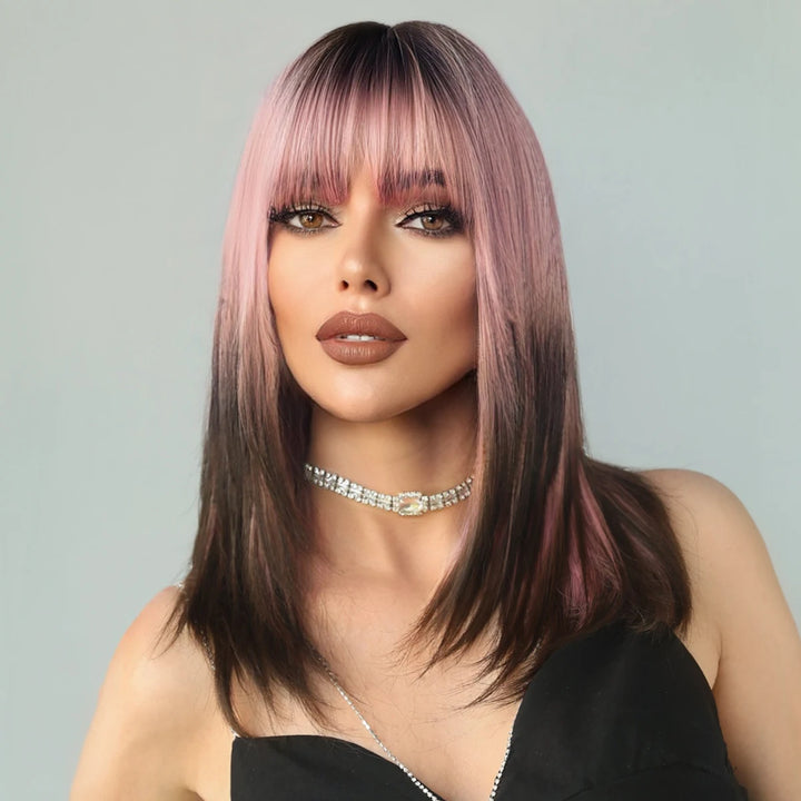 Pink and brown ombre wig with bangs for women. Great for cosplay, Christmas parties, and other events. Made of synthetic material.