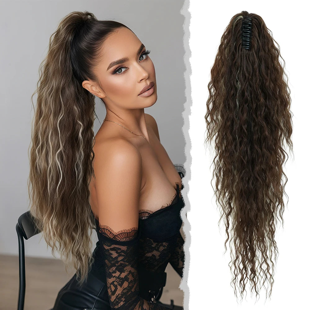 34 Inch Women's Black Synthetic Deep Wave & Water Wave Adjustable Size Ponytail Wig with Clip in