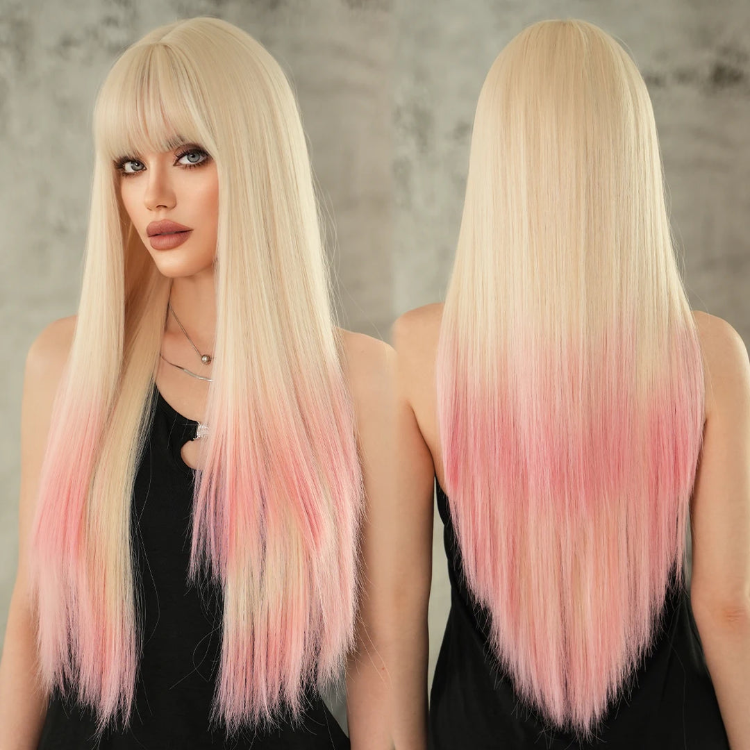 Blonde Pink Long Straight Synthetic Wig with Bangs for Women. Perfect for Cosplay, Halloween, and Parties. Ombre Hair Wig.