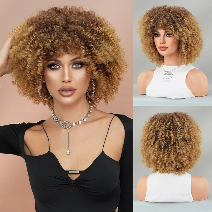 16" Curly Afro Wig with Bangs for Black Women. Kinky curly synthetic wig in ombre brown blonde.