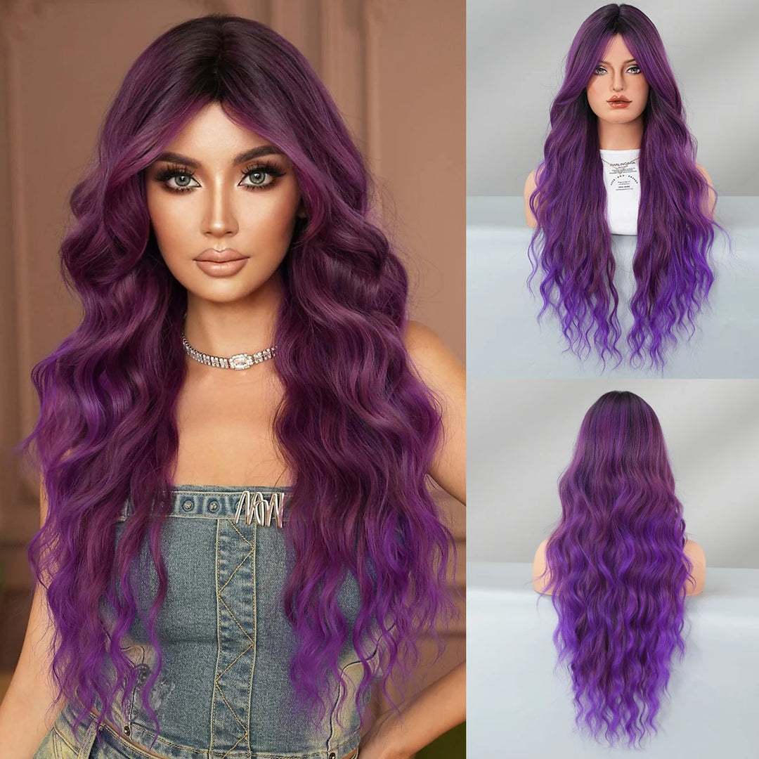 Ombre Purple Synthetic Hair Skunk Stripe Long Wavy Wigs, Heat Resistant Fiber, Wholesale, Natural Matt Wigs, 30 Inch