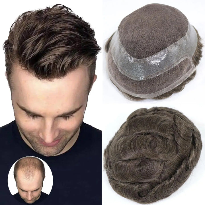 Australia Base Swiss Lace Human Hair Men Toupee Natural Hairline Skin PU & Lace Men's Capillary Prosthesis Male Wig Hair System