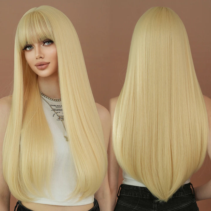 High-quality long straight blonde synthetic hair with bangs for women. Heat-resistant fiber wig, hot selling 28 inches.