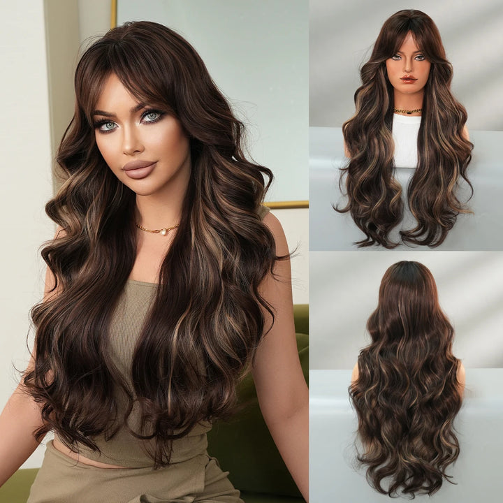 30-inch long curly highlighted brown synthetic hair wig. Made from heat-resistant fiber for a natural matte finish. Peluca.
