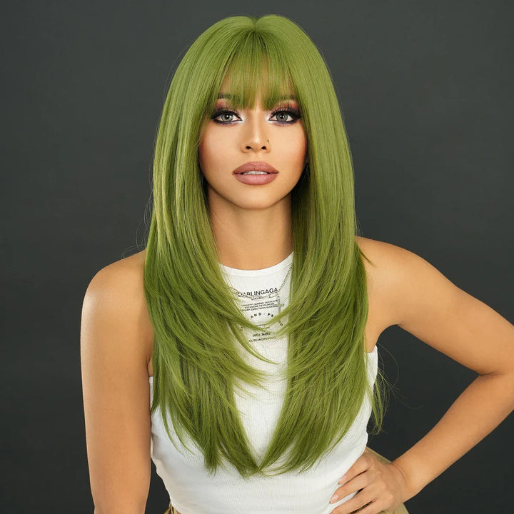 26" Long Wavy Red Layered Wig with Bangs, Synthetic Heat Resistant Hair for Daily Use.