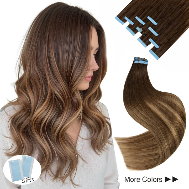 Tape-In Hair Extensions – 100% Remy Human Hair Skin Weft, Natural Seamless Tape-Ins, 12–24 Inch, 40–50g/Pack
