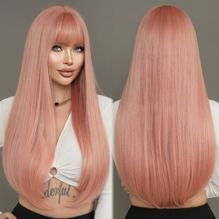 Long straight light pink high-quality synthetic hair with bangs for women. Made from heat-resistant fiber, this 28-inch wig is a hot selling item.