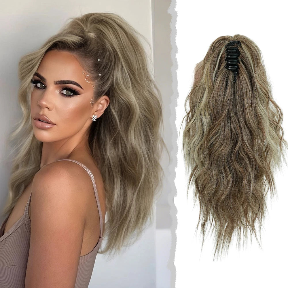 18 Inch Women's Lilac Highlight Natural Wave Drawstring Adjustable Size Black Synthetic Hair Beige Clip Portable Easy Ponytail