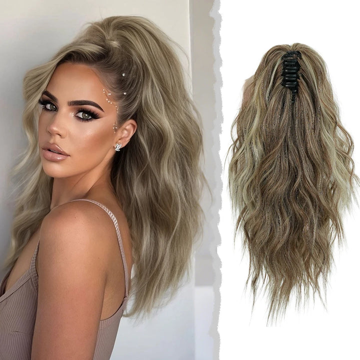 18 Inch Women's Lilac Highlight Natural Wave Drawstring Adjustable Size Black Synthetic Hair Beige Clip Portable Easy Ponytail