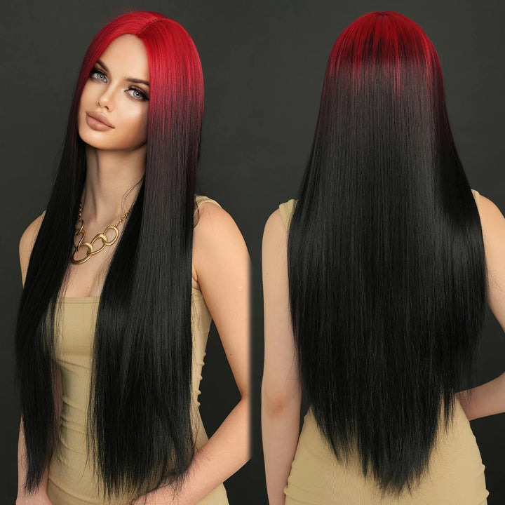 32" Ombre Red Synthetic Hair Wig with Bangs and Middle Part, Billie Eilish Style