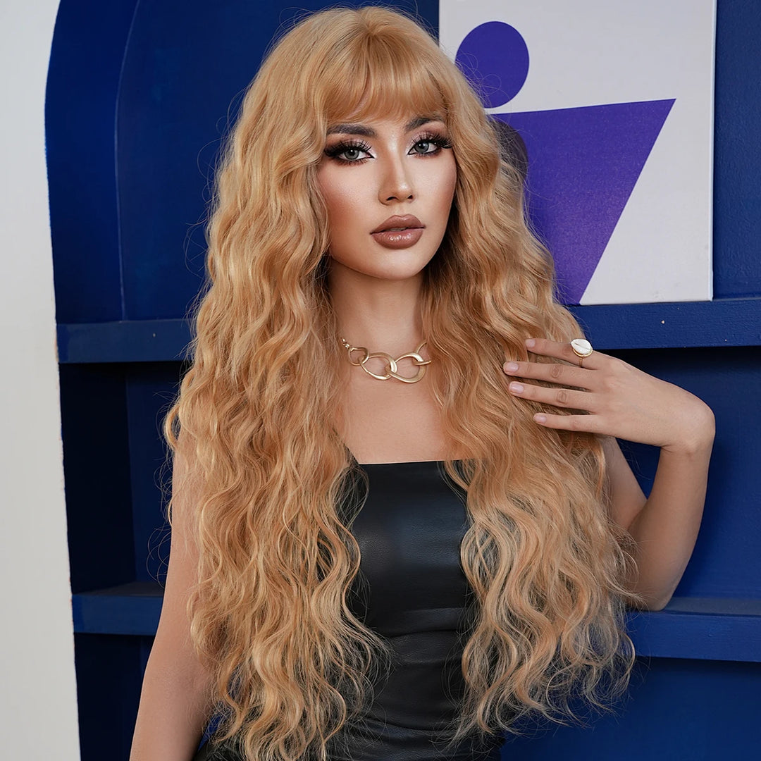 Extra Long Blonde Water Wavy Wig with Bang for Women - 32 Inch Synthetic Glueless Wig with Natural Matte Hair
