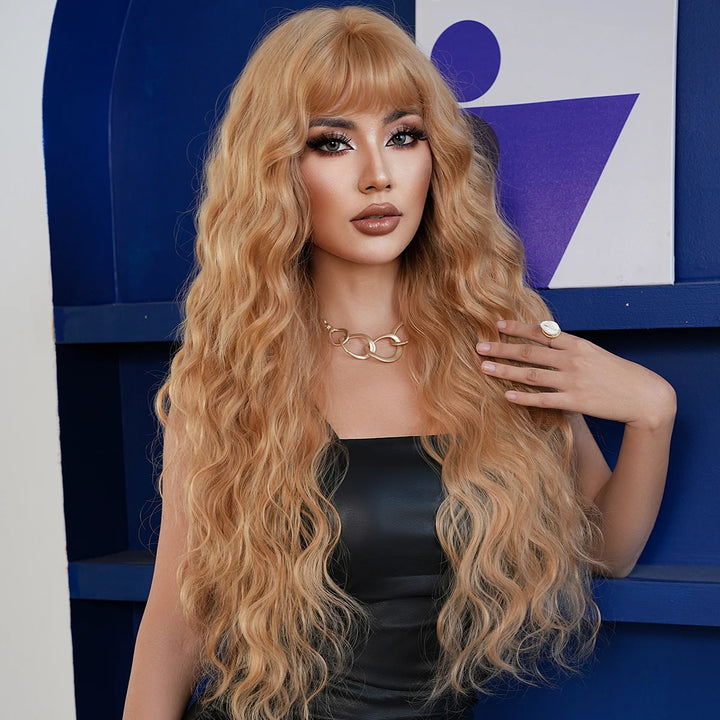 Extra Long Blonde Water Wavy Wig with Bang for Women - 32 Inch Synthetic Glueless Wig with Natural Matte Hair