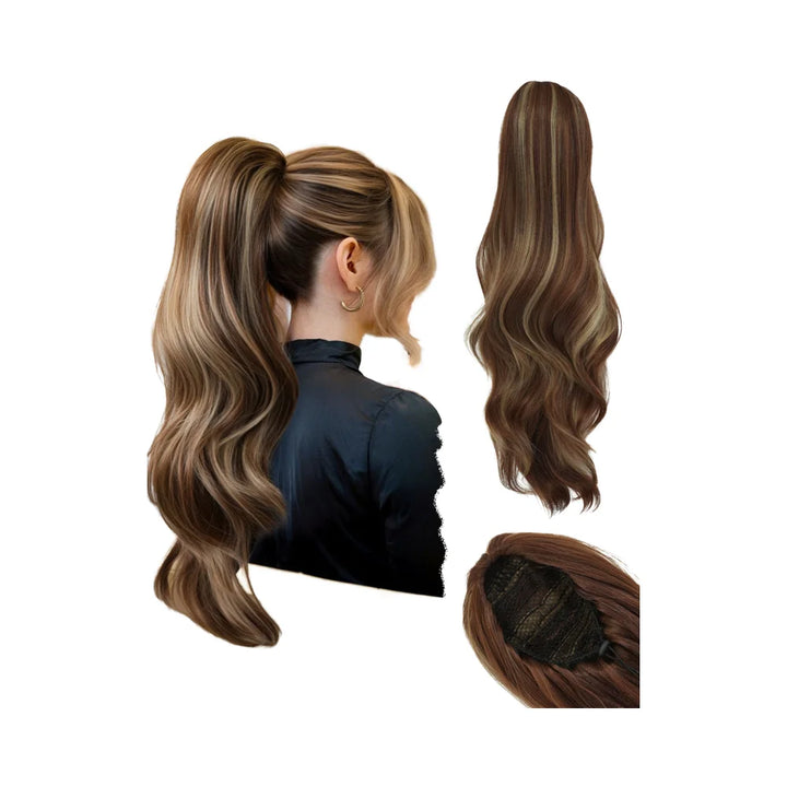 Madeline Brown 28-Inch Curly Synthetic Hair Wig with Steel Prongs Gold Adjustable Size Ponytail Black with Gold Adjustable Size