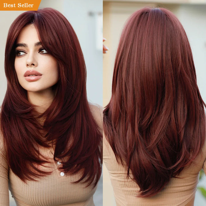 Green Highlight Layered Wig with Curtain Bangs, Synthetic Heat Resistant Hair Wig for Women.