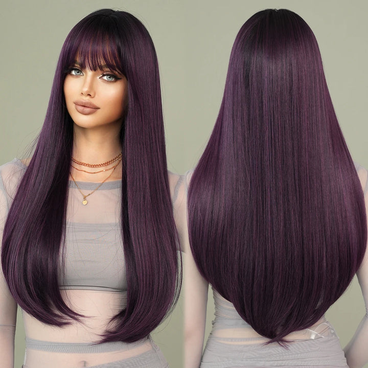 Ombre purple synthetic wig with bangs, 28 inches long, heat resistant fiber.