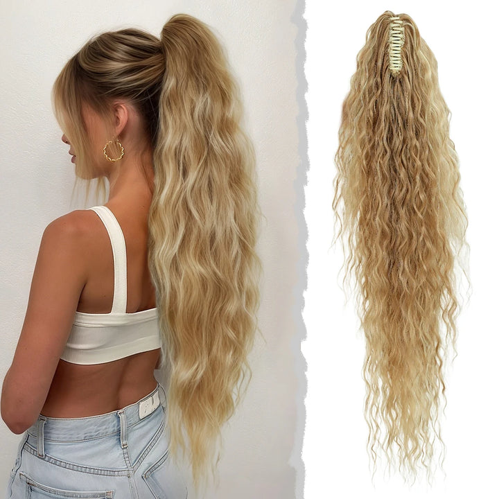 34 Inch Women's Black Synthetic Deep Wave & Water Wave Adjustable Size Ponytail Wig with Clip in