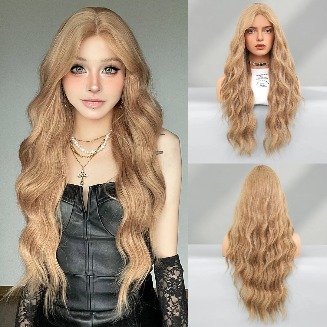 28" Blonde Curly Lace Front Wig with Bangs - Heat Resistant Synthetic Hair for Women