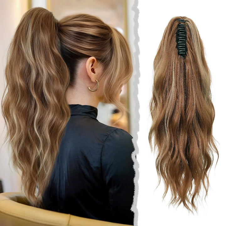 20 Inch Women's Wig with Cinnamon Gold Highlights Adjustable Size Black Curly Ponytail Synthetic Hair and Black Wig Clips