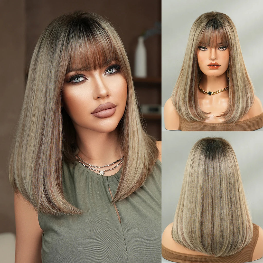 16" Ombre Brown Shoulder Length Straight Synthetic Heat Resistant Wig for Women with Natural Hairline. Matte finish.