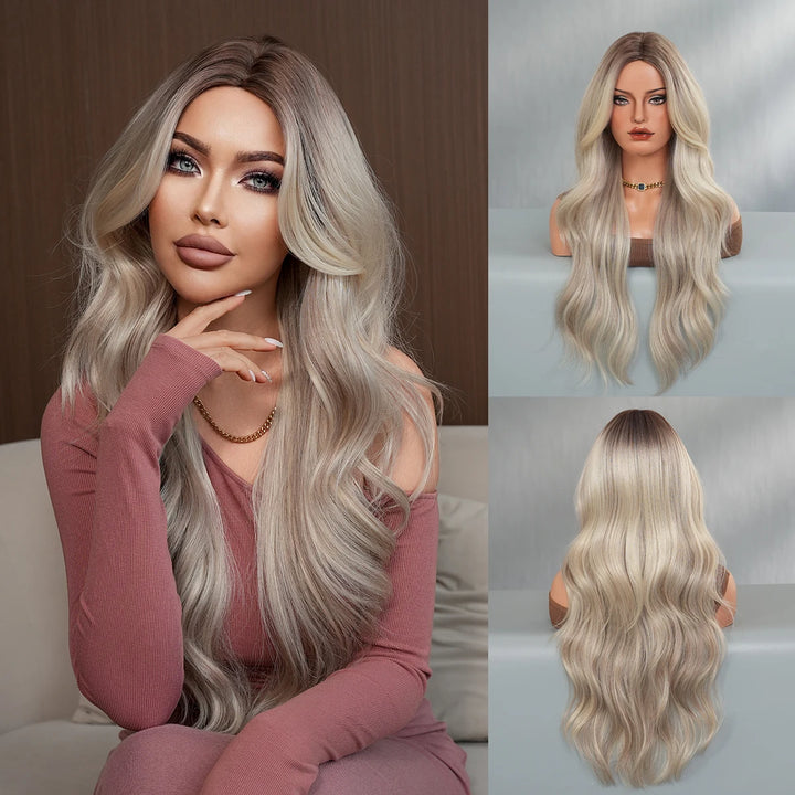30-Inch Ombre Platinum Blonde Long Curls Synthetic Heat-Resistant Wig for Women Natural Hair Slit Matte White Hair Wigs Peluca#
