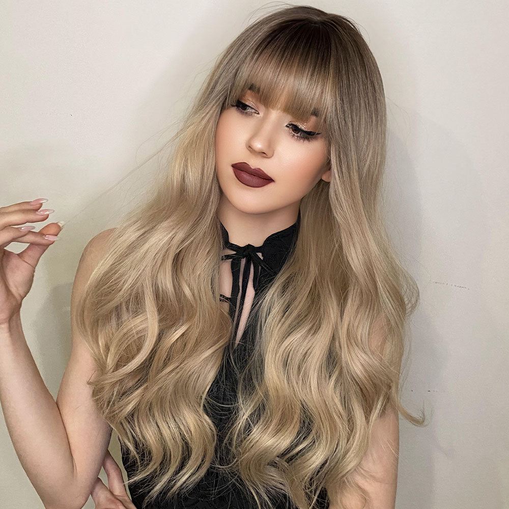 Blonde Ombre Long Wavy Wig with Bangs - Synthetic, Heat Resistant, Perfect for Cosplay