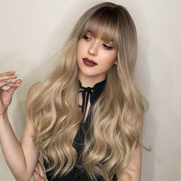 Blonde Ombre Long Wavy Wig with Bangs - Synthetic, Heat Resistant, Perfect for Cosplay