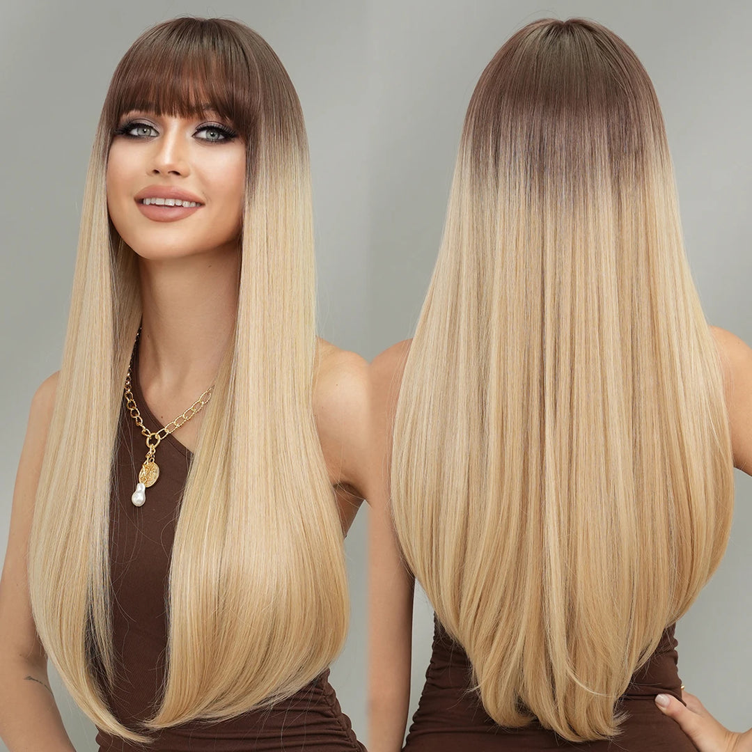 Long Straight Ombre Blonde Synthetic Hair With Bangs for Women Heat Resistant Fiber Wig Hot Selling 28 Inch.