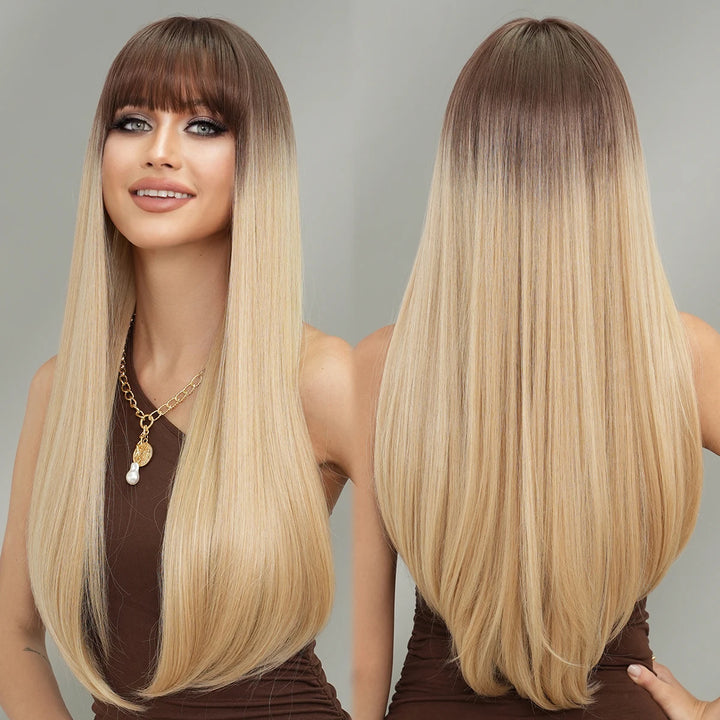 Long Straight Ombre Blonde Synthetic Hair With Bangs for Women Heat Resistant Fiber Wig Hot Selling 28 Inch.