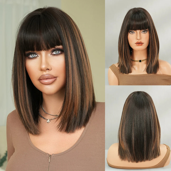 16-inch Black Brown Shoulder-Length Straight Synthetic Heat-Resistant Wig for Women with Natural Hairline Matte Hair Wig